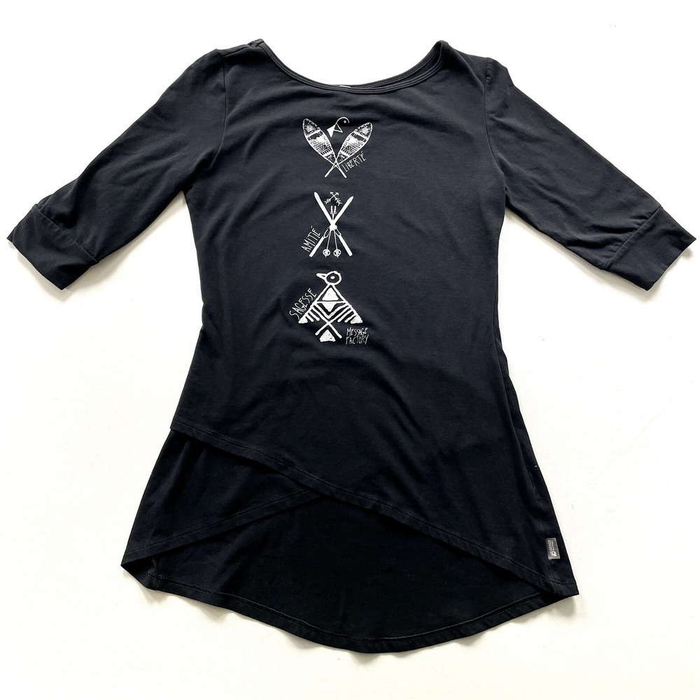 Message Factory Shirt Women's XS Black Graphic Skiing 3/4 Sleeve Snowshoe Tunic